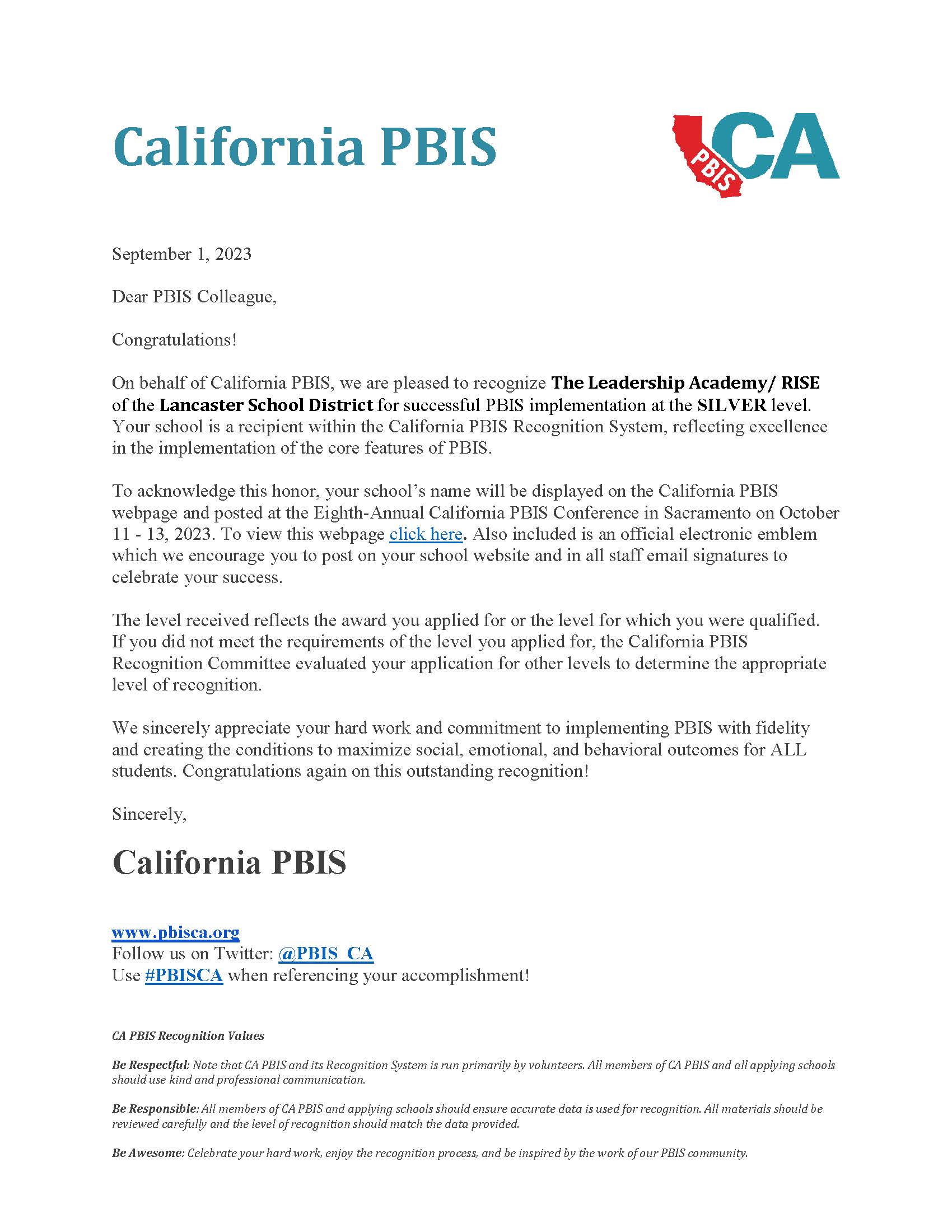 PBIS Award Letter 2022
